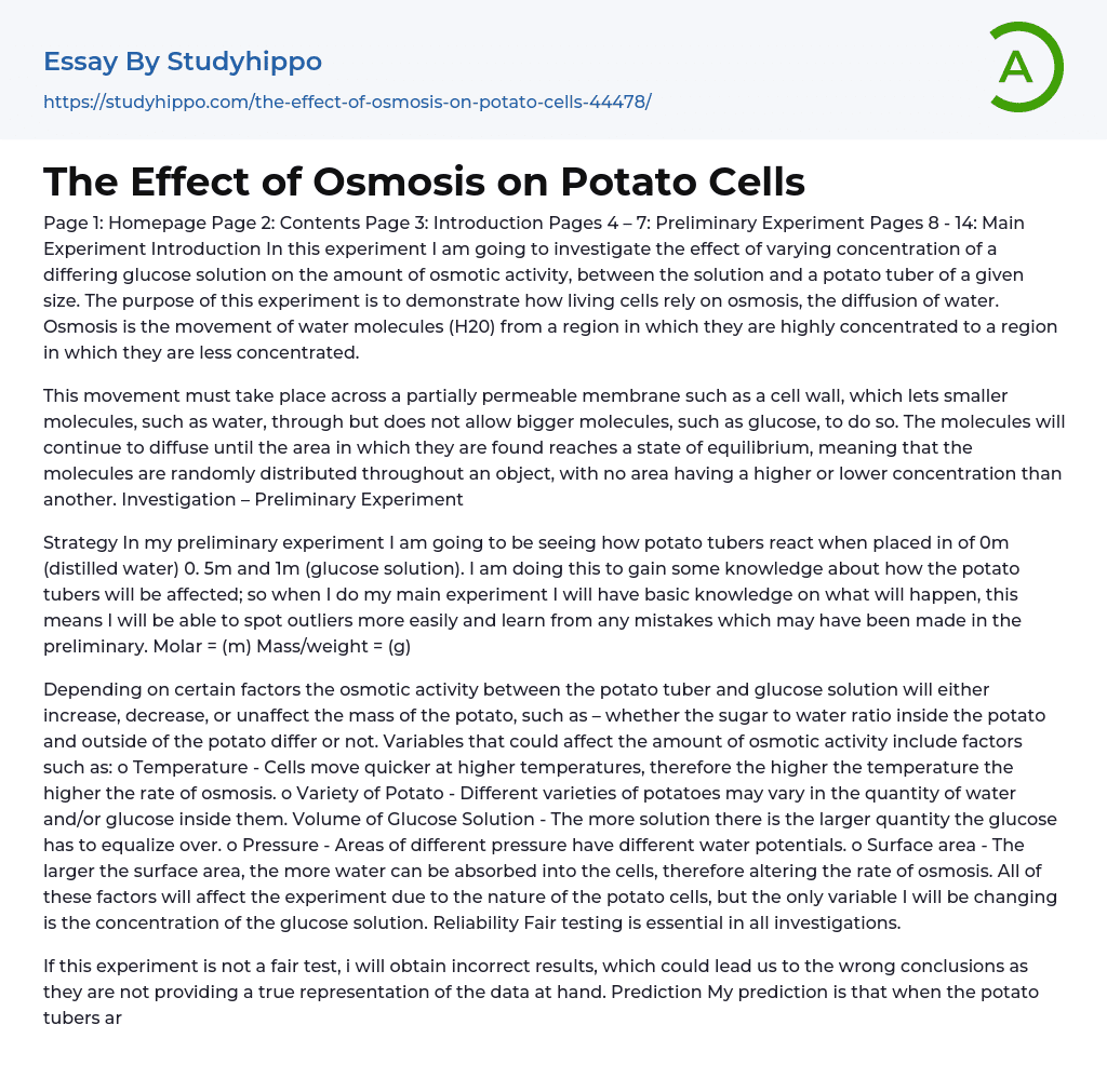 The Effect of Osmosis on Potato Cells Essay Example