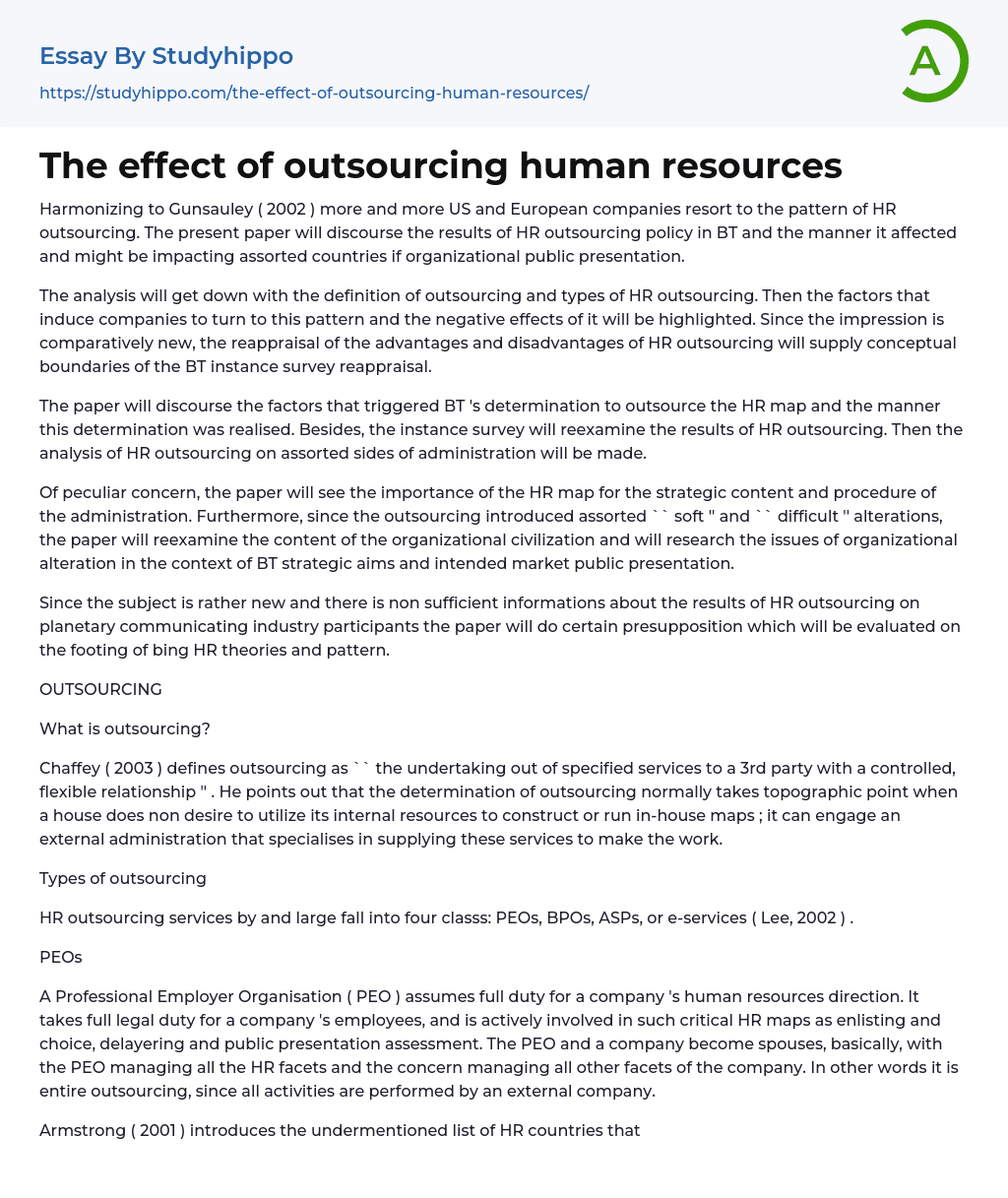 The effect of outsourcing human resources Essay Example