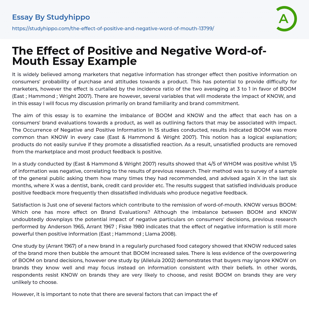The Effect of Positive and Negative Word-of-Mouth Essay Example