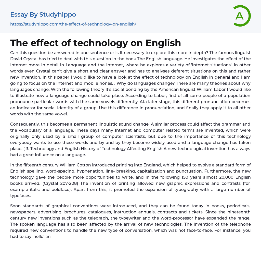 The effect of technology on English Essay Example