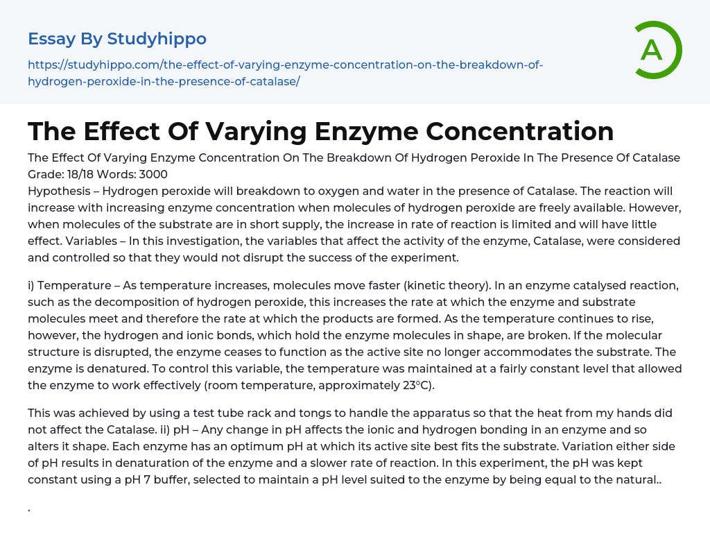 The Effect Of Varying Enzyme Concentration Essay Example
