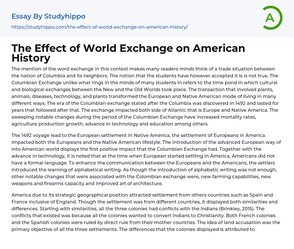 The Effect of World Exchange on American History Essay Example
