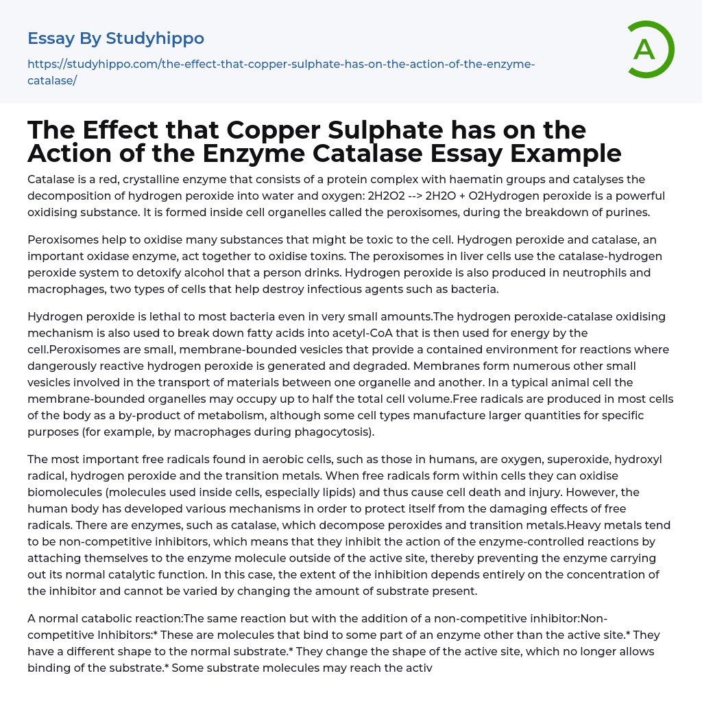 The Effect that Copper Sulphate has on the Action of the Enzyme Catalase Essay Example