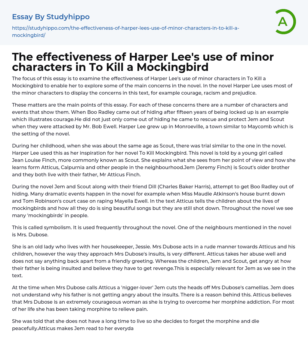 The effectiveness of Harper Lee’s use of minor characters in To Kill a Mockingbird Essay Example