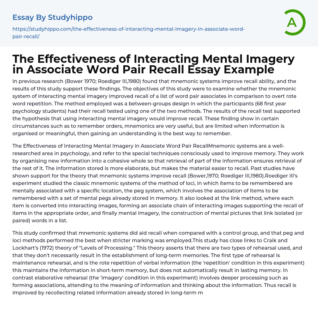 The Effectiveness of Interacting Mental Imagery in Associate Word Pair Recall Essay Example