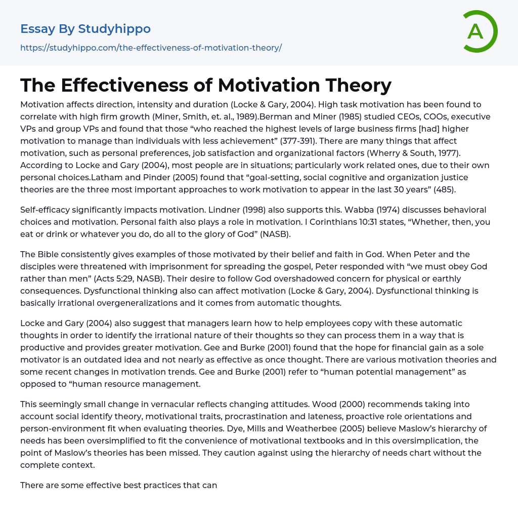 The Effectiveness of Motivation Theory Essay Example