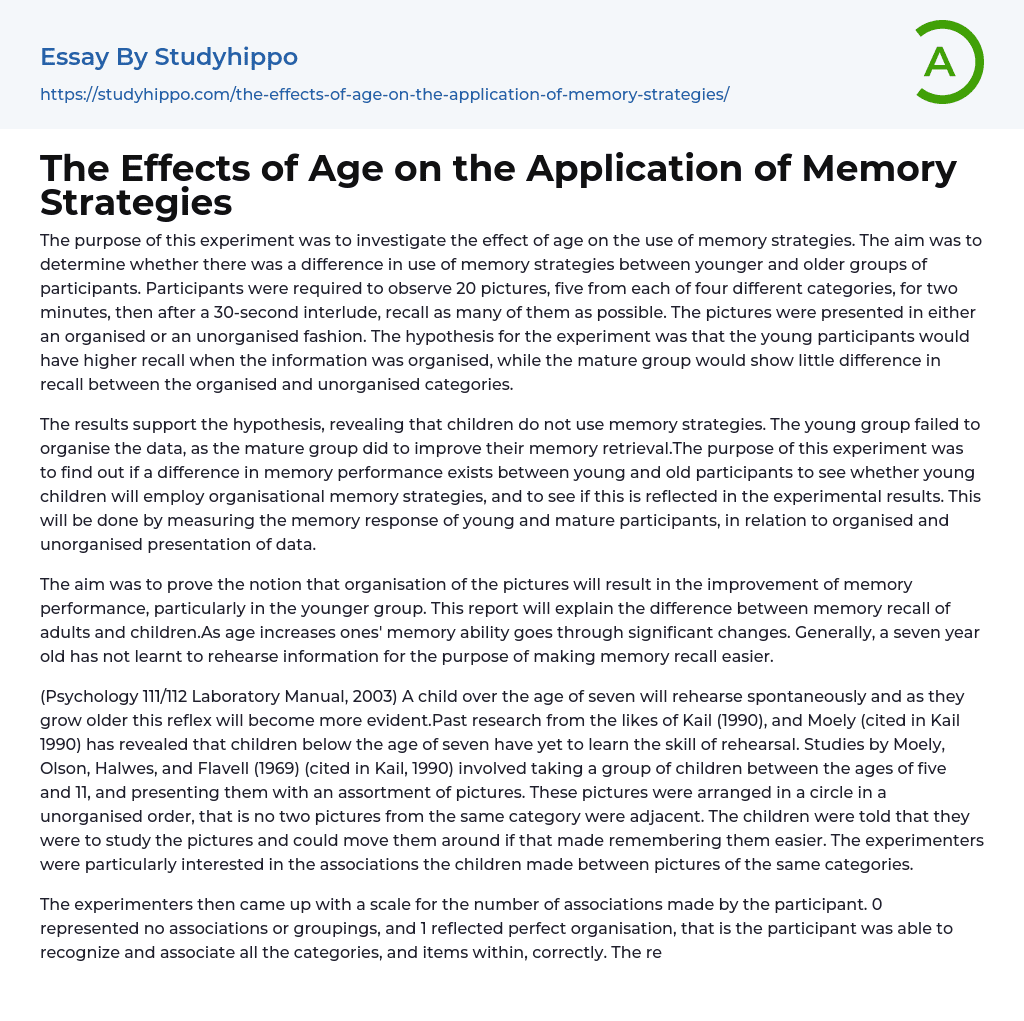 The Effects of Age on the Application of Memory Strategies Essay Example