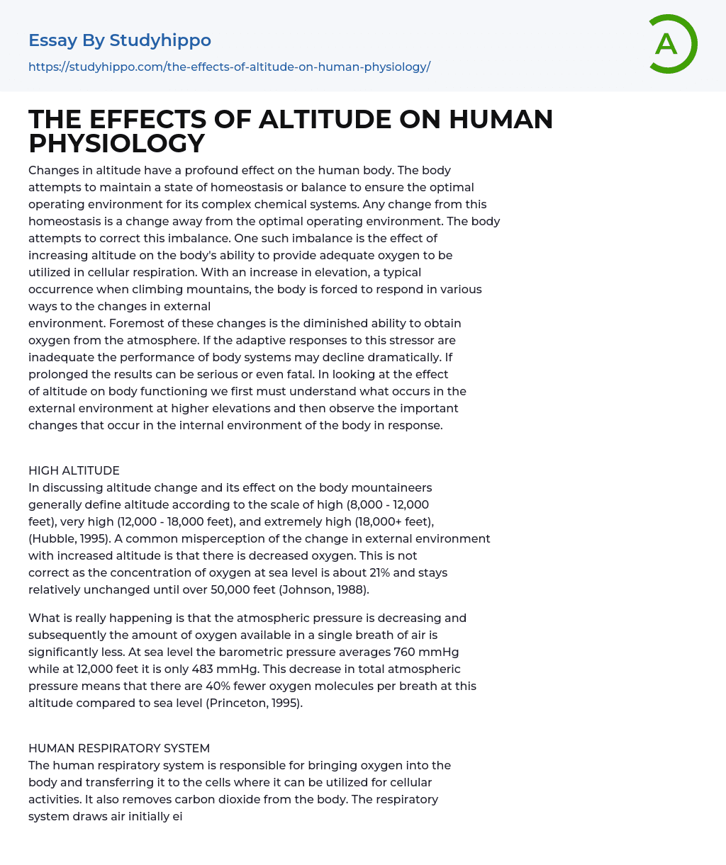 THE EFFECTS OF ALTITUDE ON HUMAN PHYSIOLOGY Essay Example
