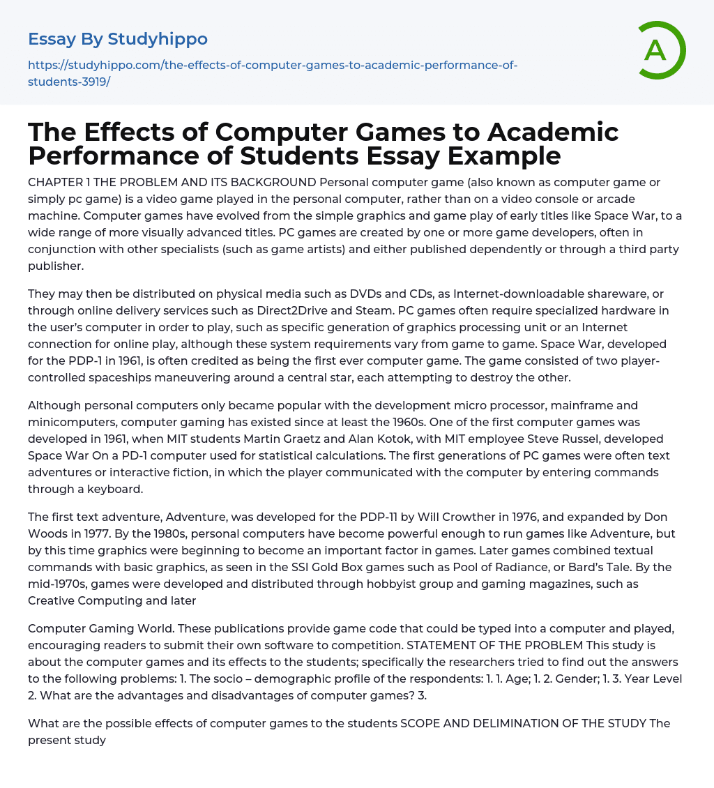 The Effects of Computer Games to Academic Performance of Students Essay Example