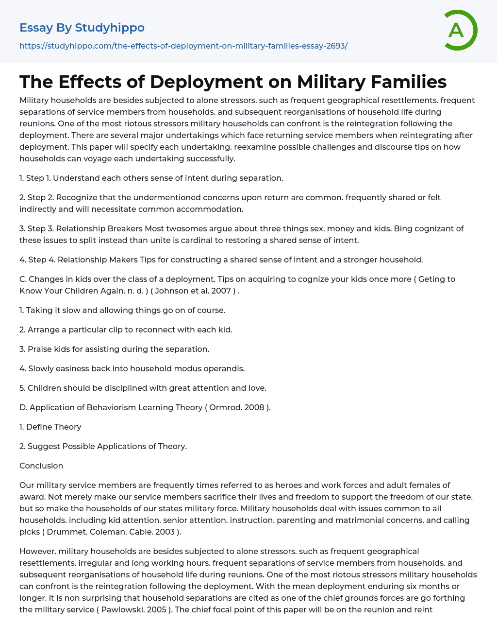 The Effects of Deployment on Military Families Essay Example