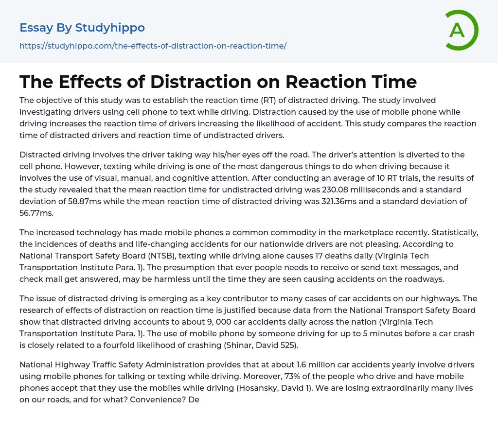The Effects of Distraction on Reaction Time Essay Example