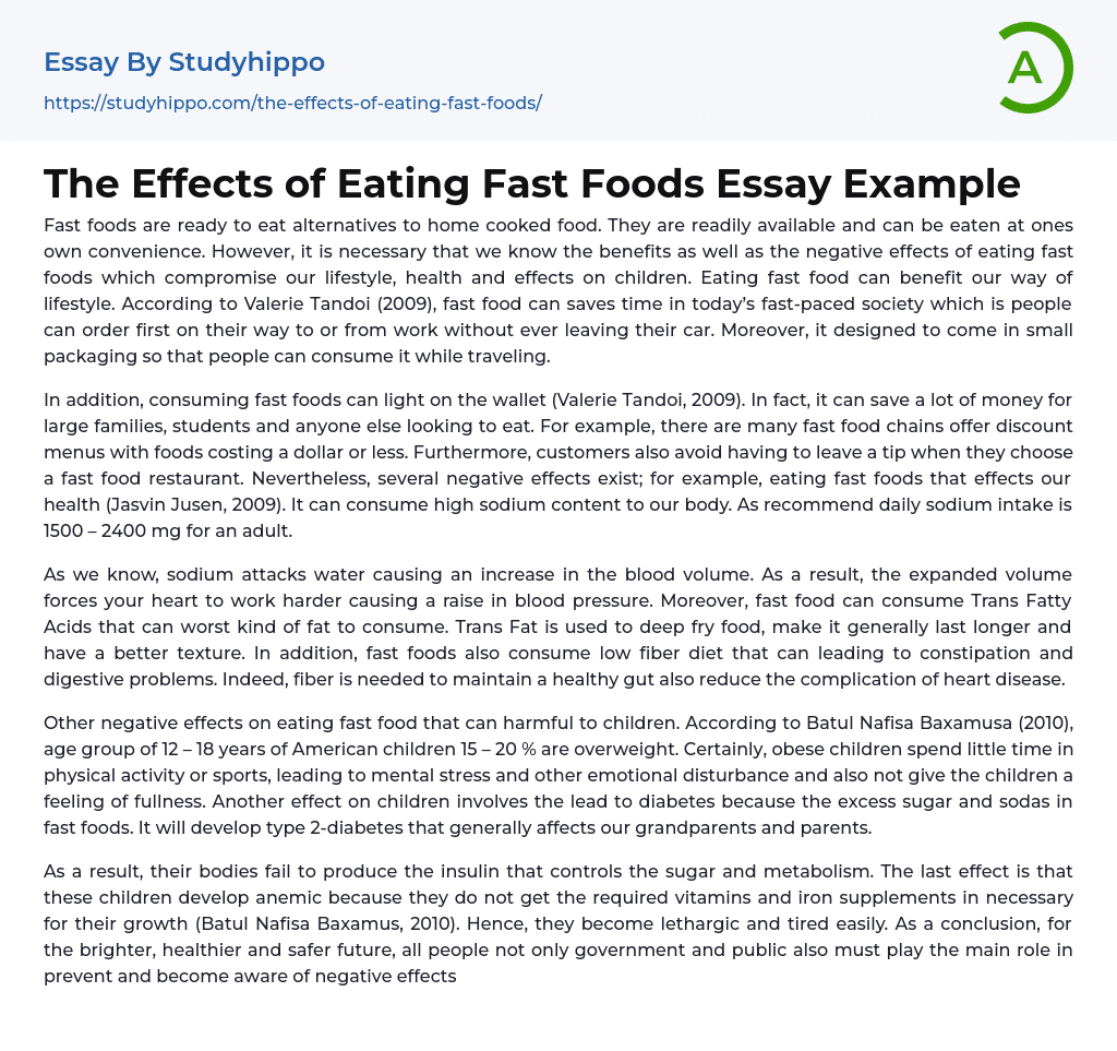 The Effects of Eating Fast Foods Essay Example