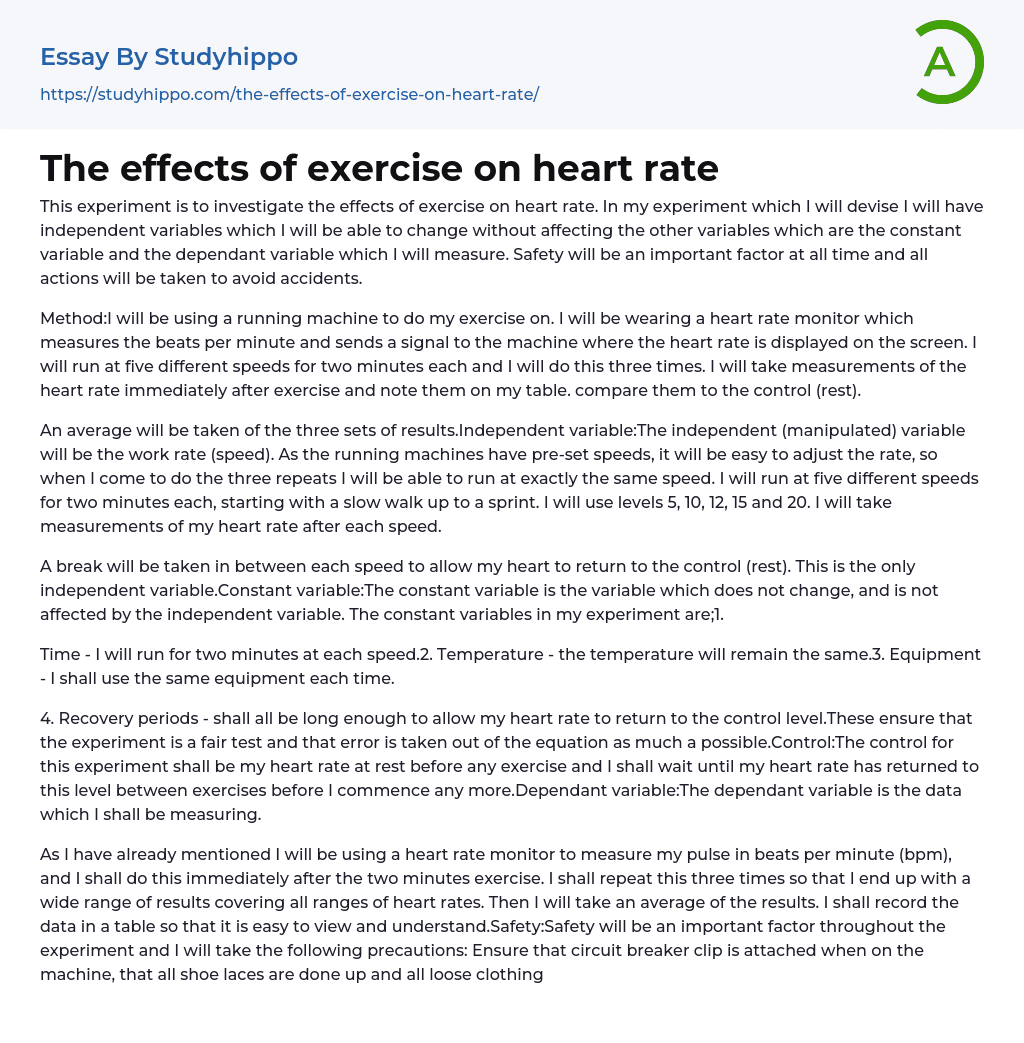 The effects of exercise on heart rate Essay Example