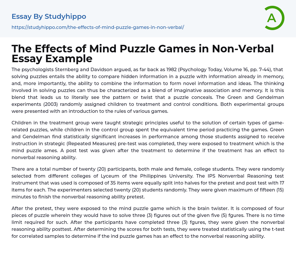 The Effects of Mind Puzzle Games in Non-Verbal Essay Example