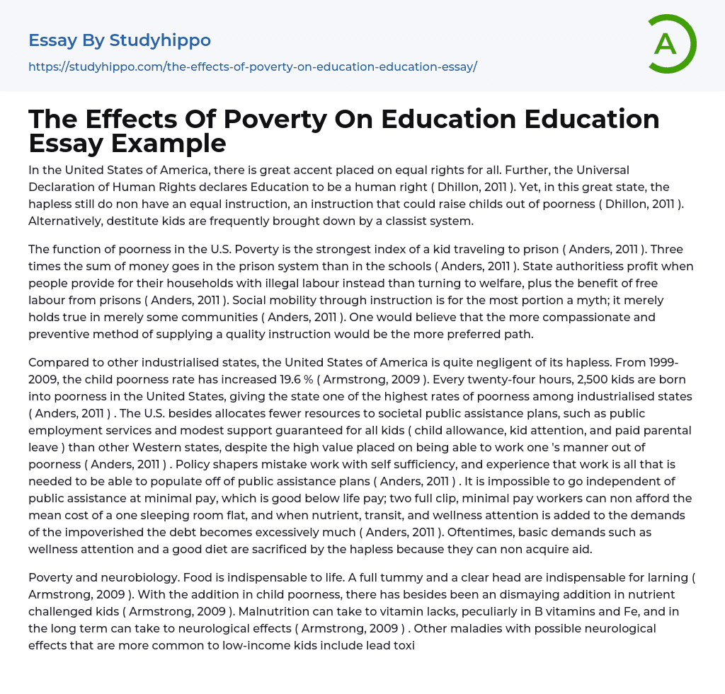 The Effects Of Poverty On Education Education Essay Example