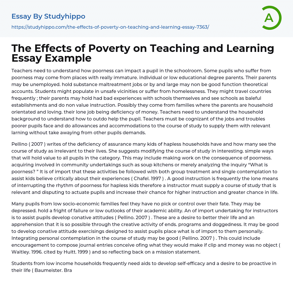 The Effects of Poverty on Teaching and Learning Essay Example