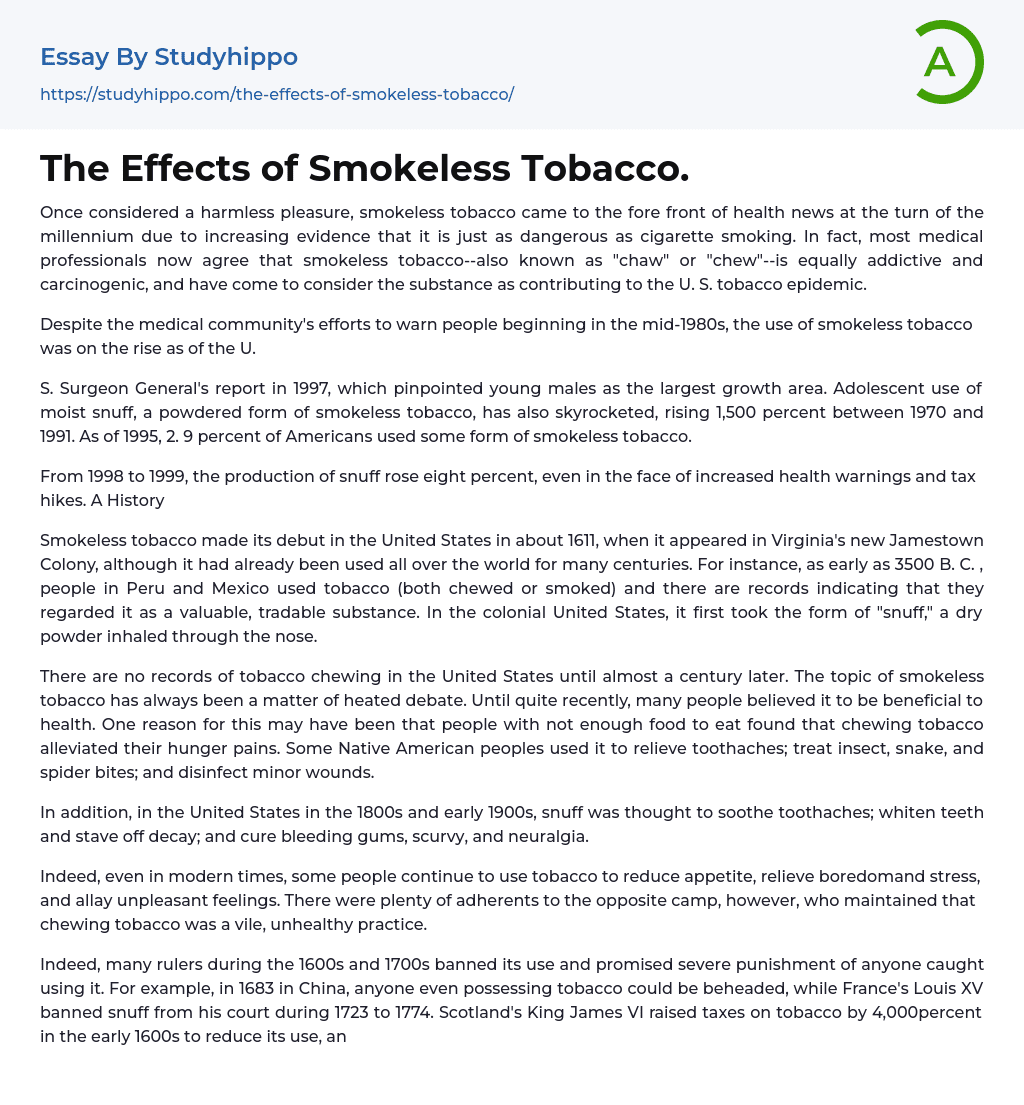 The Effects of Smokeless Tobacco. Essay Example