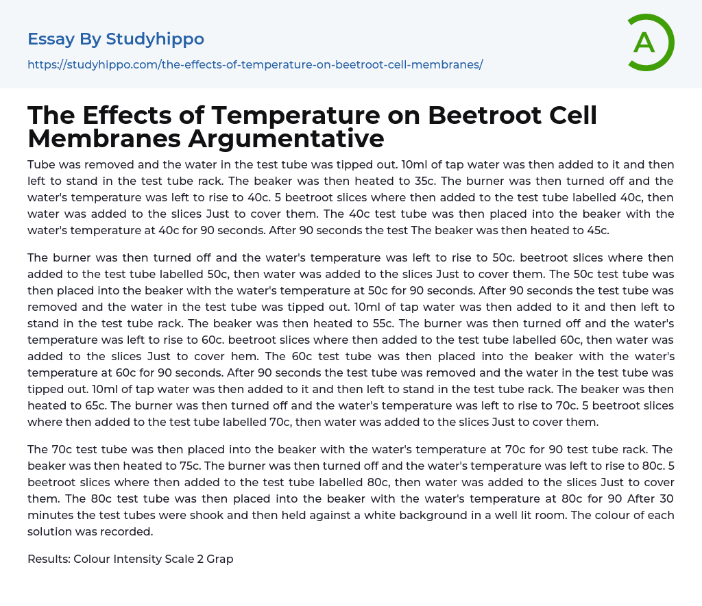 The Effects of Temperature on Beetroot Cell Membranes Argumentative Essay Example