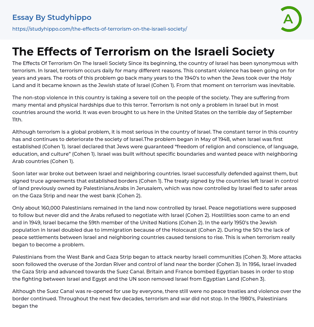 The Effects of Terrorism on the Israeli Society Essay Example