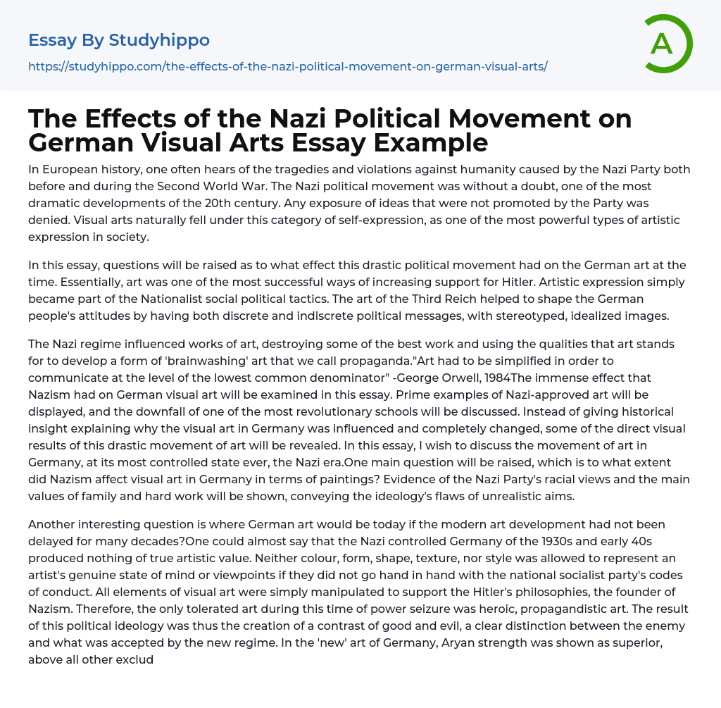 The Effects of the Nazi Political Movement on German Visual Arts Essay Example