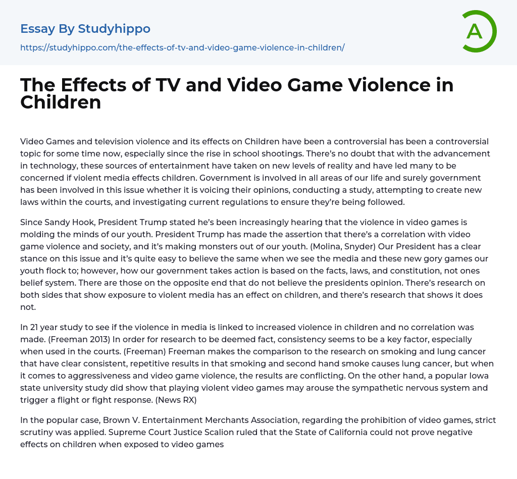 The Effects of TV and Video Game Violence in Children Essay Example