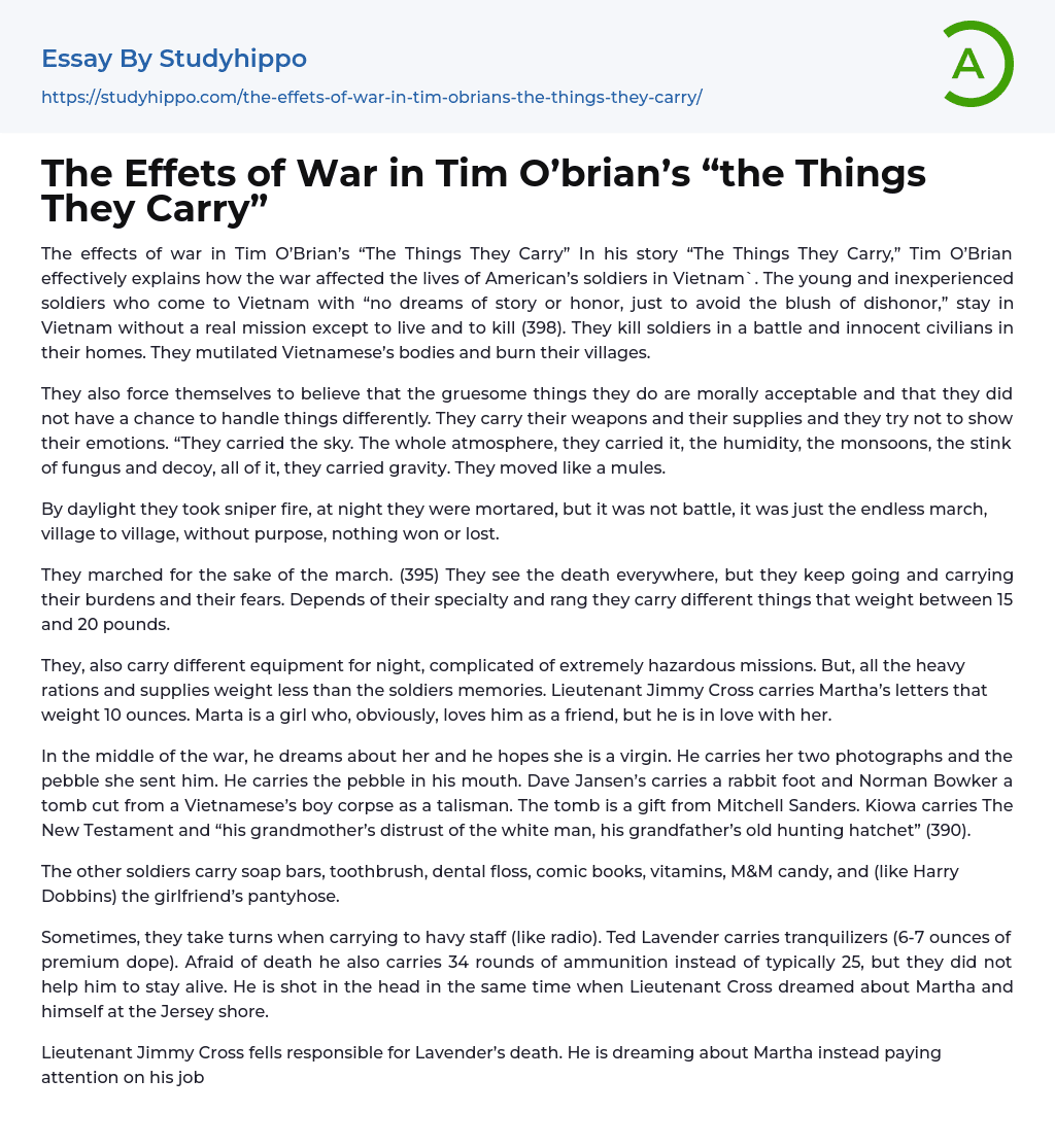 The Effets of War in Tim O’brian’s “the Things They Carry” Essay Example