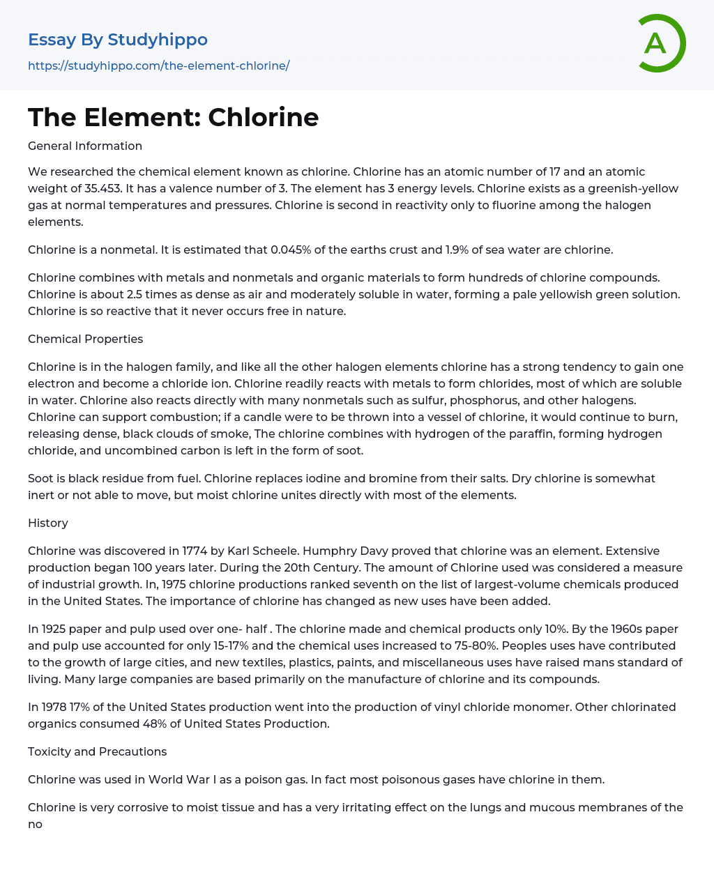 The Element: Chlorine Essay Example