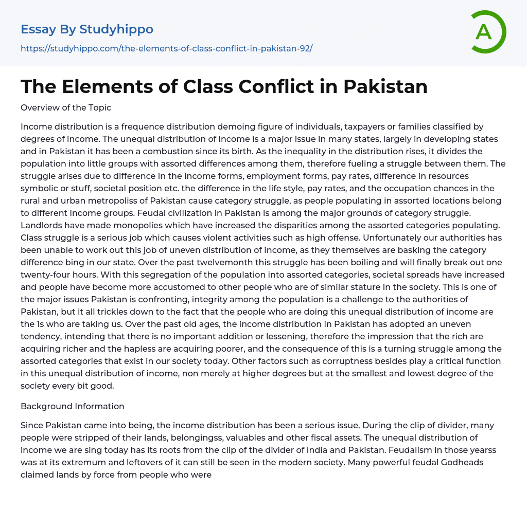 The Elements of Class Conflict in Pakistan Essay Example