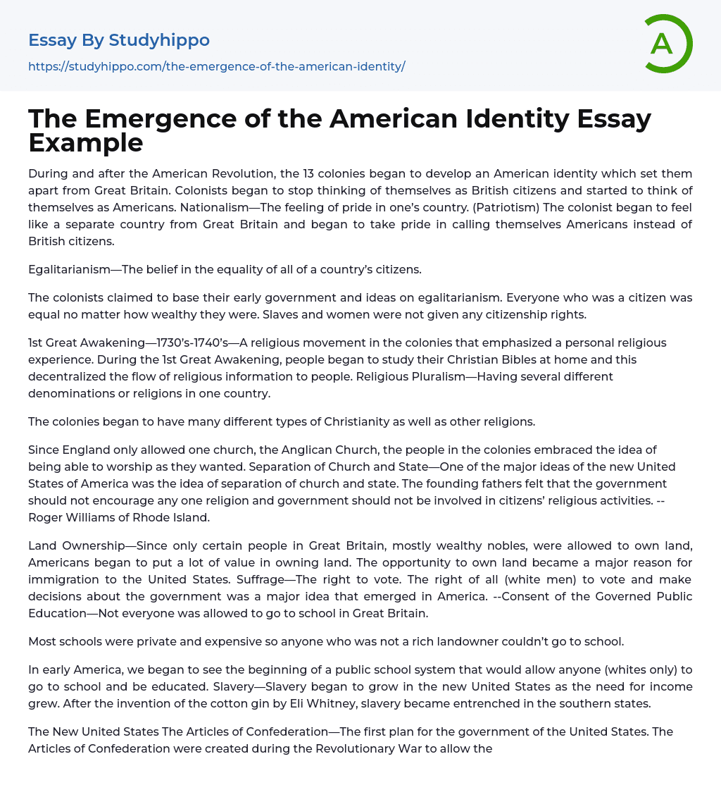 The Emergence of the American Identity Essay Example