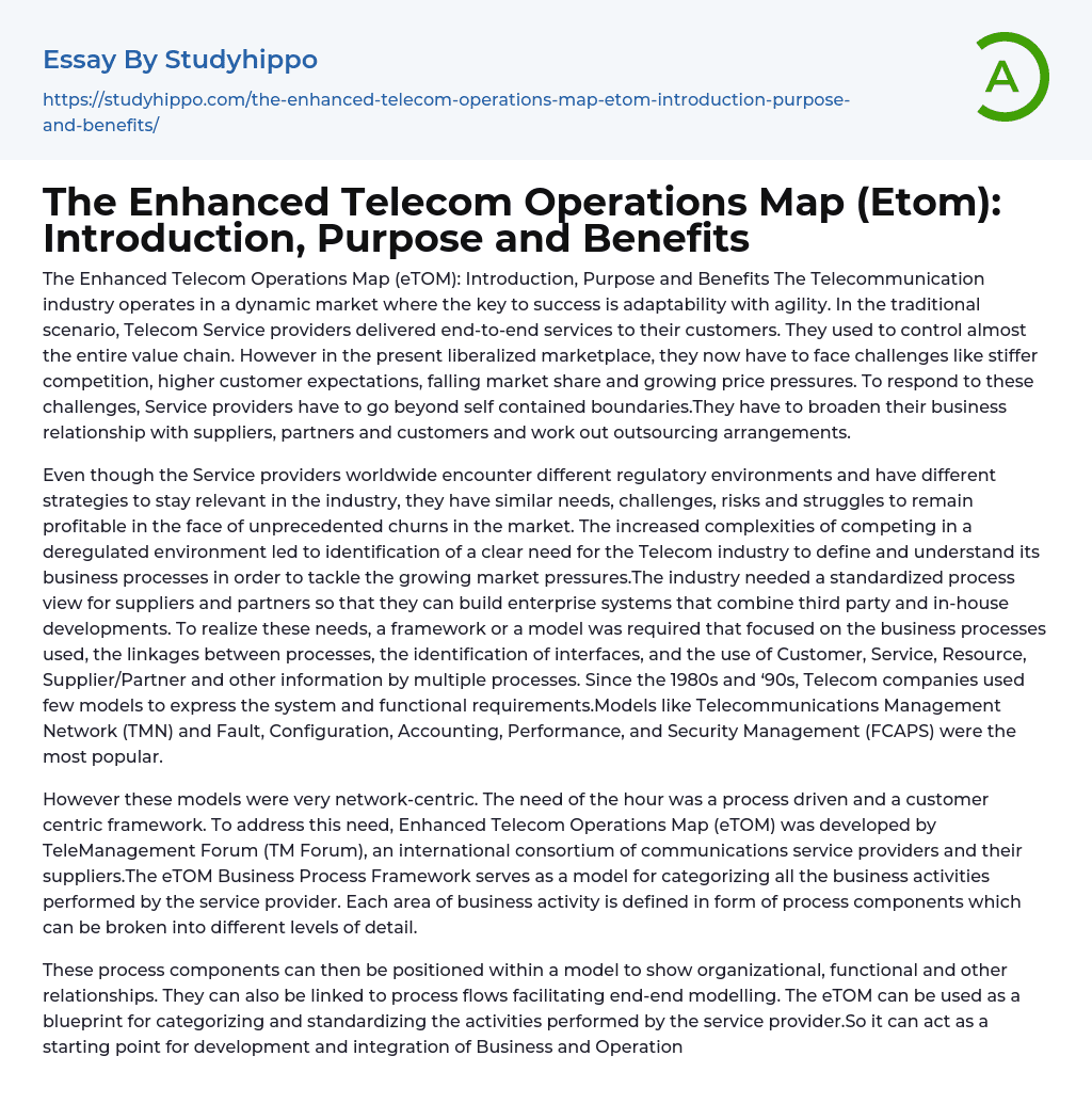 The Enhanced Telecom Operations Map (Etom): Introduction, Purpose and Benefits Essay Example