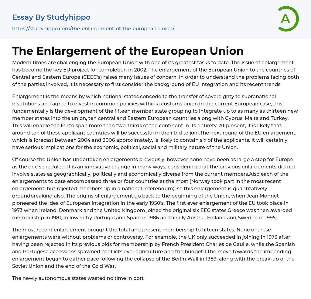 The Enlargement of the European Union Essay Example