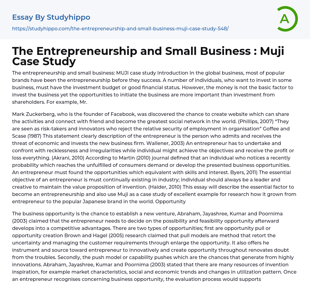 The Entrepreneurship and Small Business : Muji Case Study Essay Example