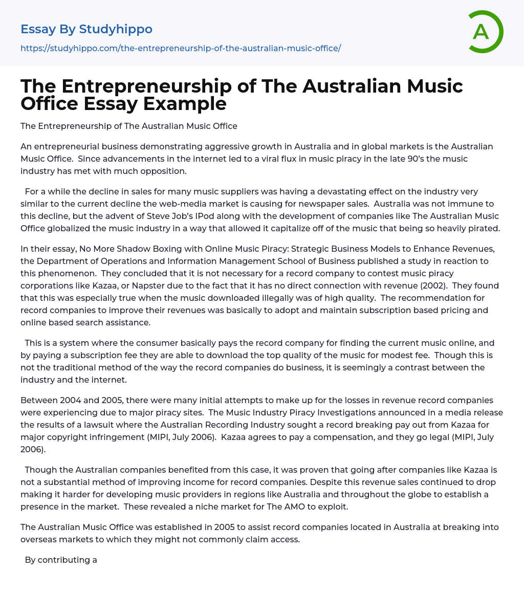 The Entrepreneurship of The Australian Music Office Essay Example