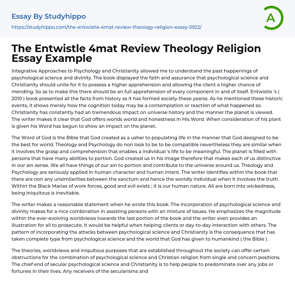 The Entwistle 4mat Review Theology Religion Essay Example