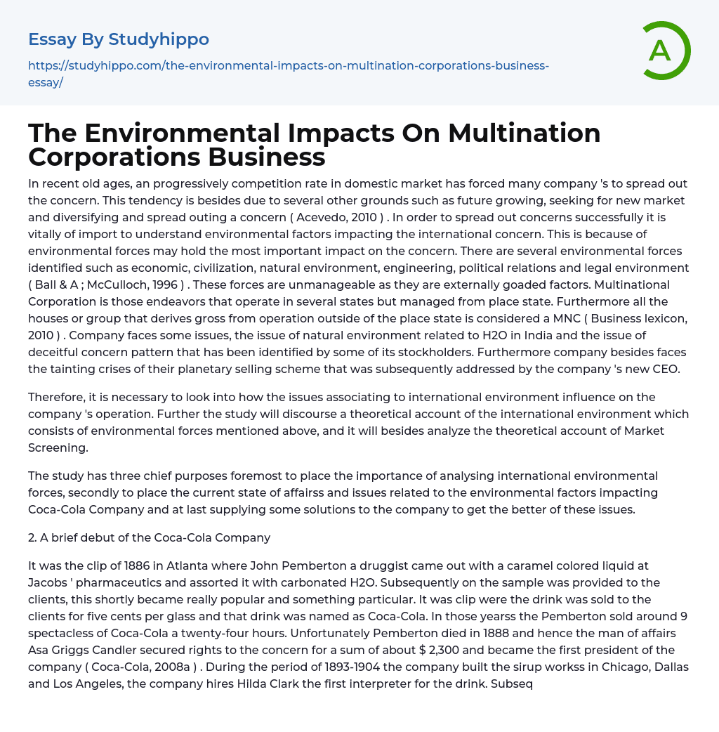 The Environmental Impacts On Multination Corporations Business Essay Example