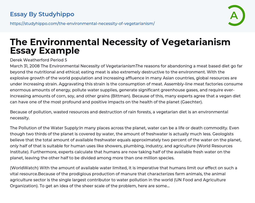 The Environmental Necessity of Vegetarianism Essay Example
