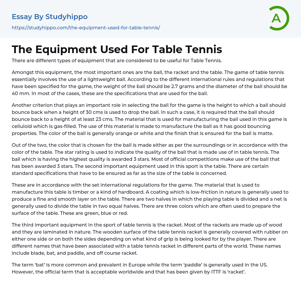 The Equipment Used For Table Tennis Essay Example
