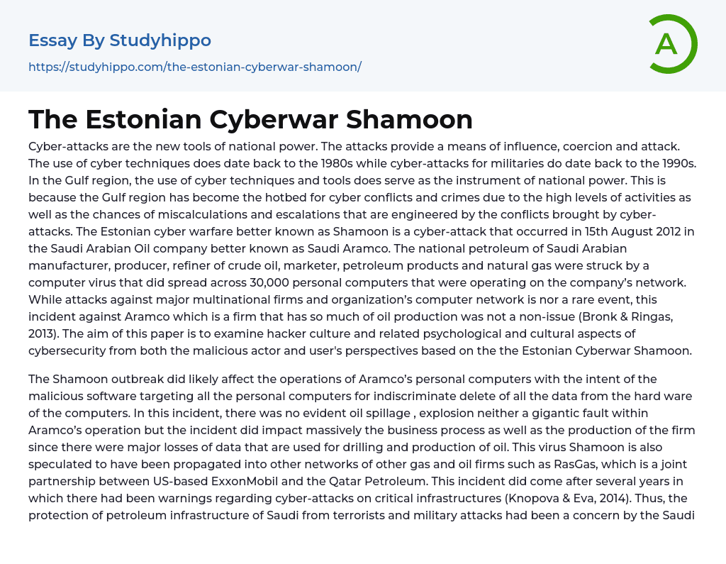 The Estonian Cyberwar Shamoon Essay Example
