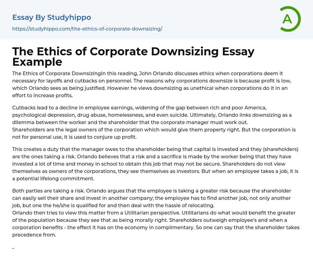 The Ethics of Corporate Downsizing Essay Example