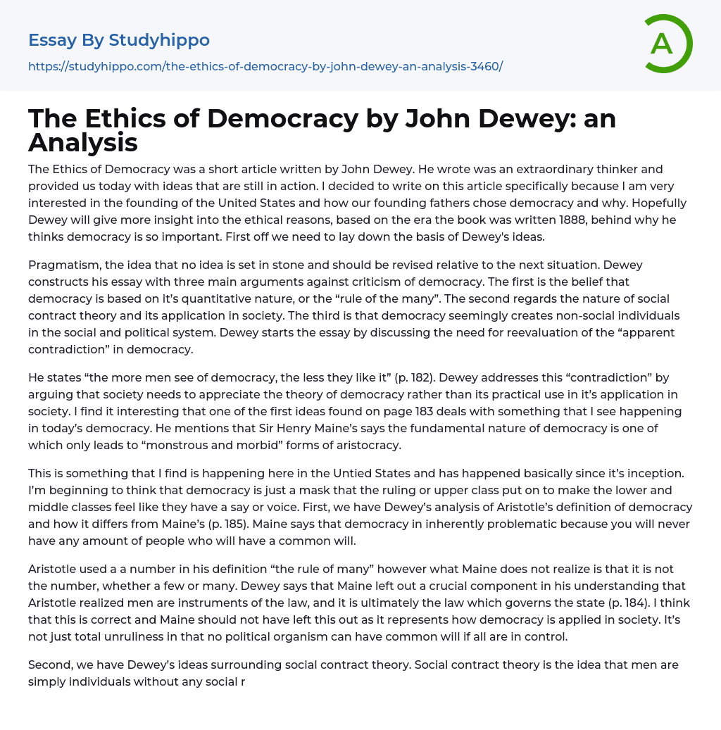 The Ethics of Democracy by John Dewey: an Analysis Essay Example