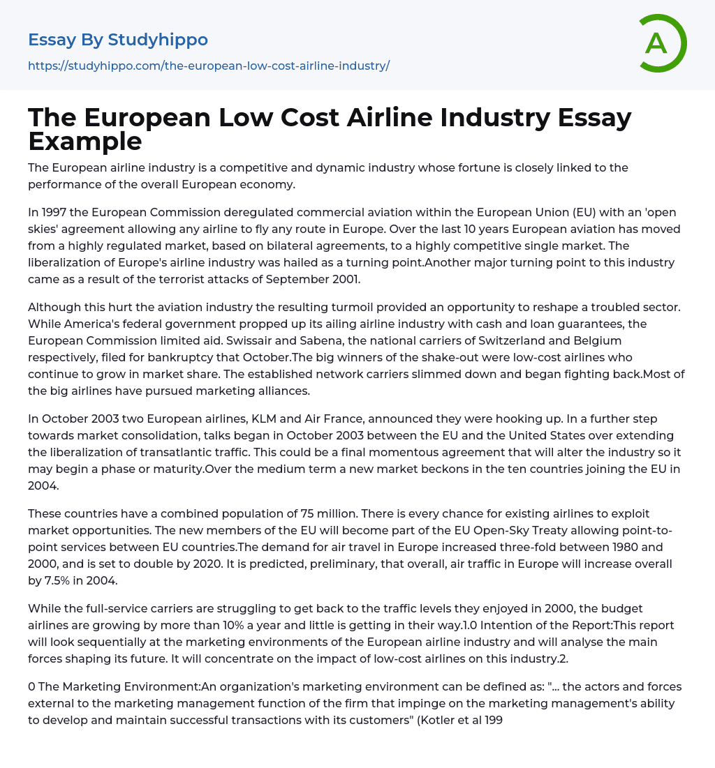 The European Low Cost Airline Industry Essay Example