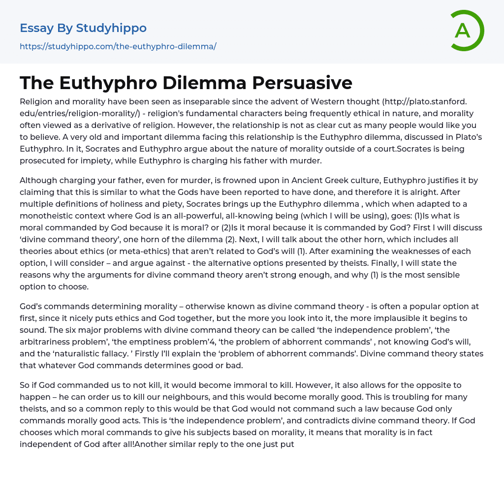 The Euthyphro Dilemma Persuasive Essay Example