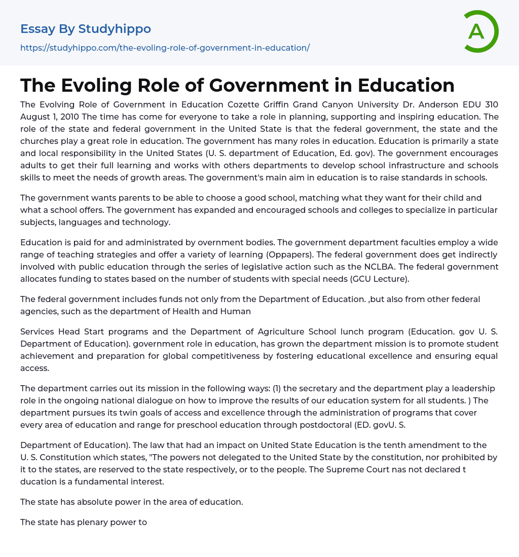 The Evoling Role of Government in Education Essay Example