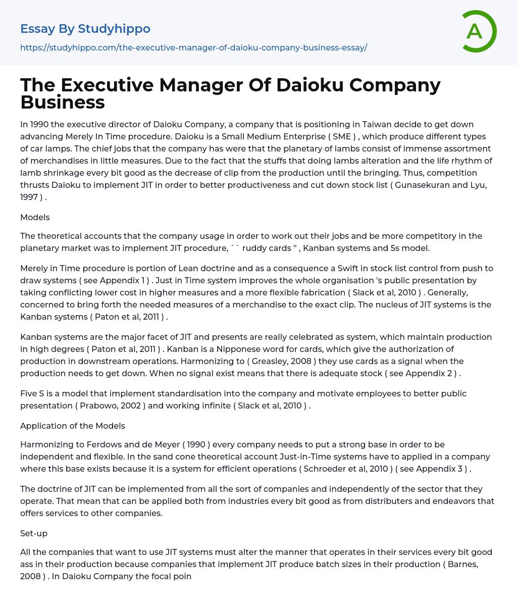 The Executive Manager Of Daioku Company Business Essay Example