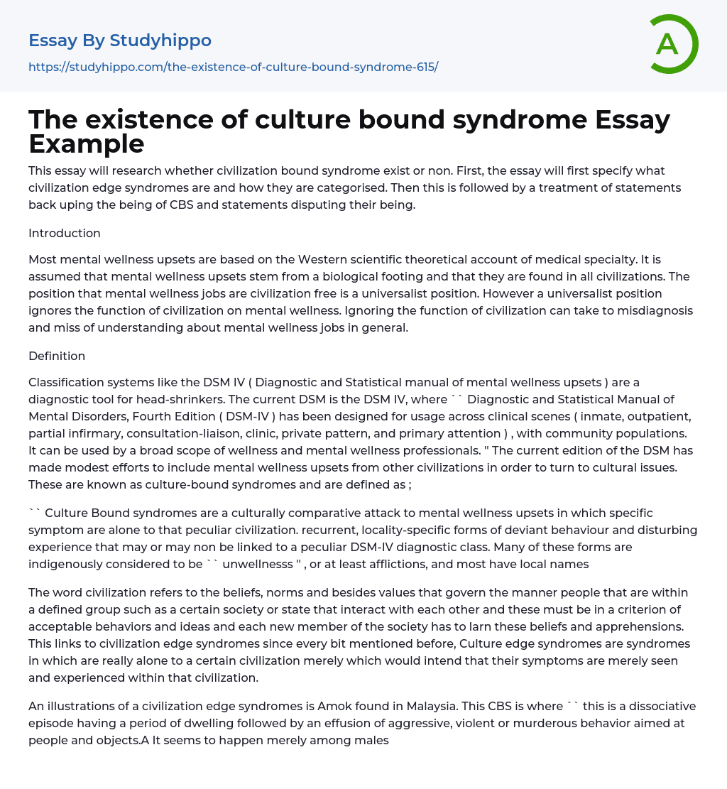 The existence of culture bound syndrome Essay Example