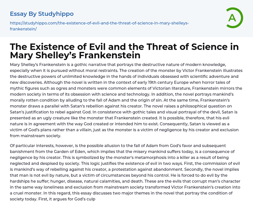 The Existence of Evil and the Threat of Science in Mary Shelley’s Frankenstein Essay Example