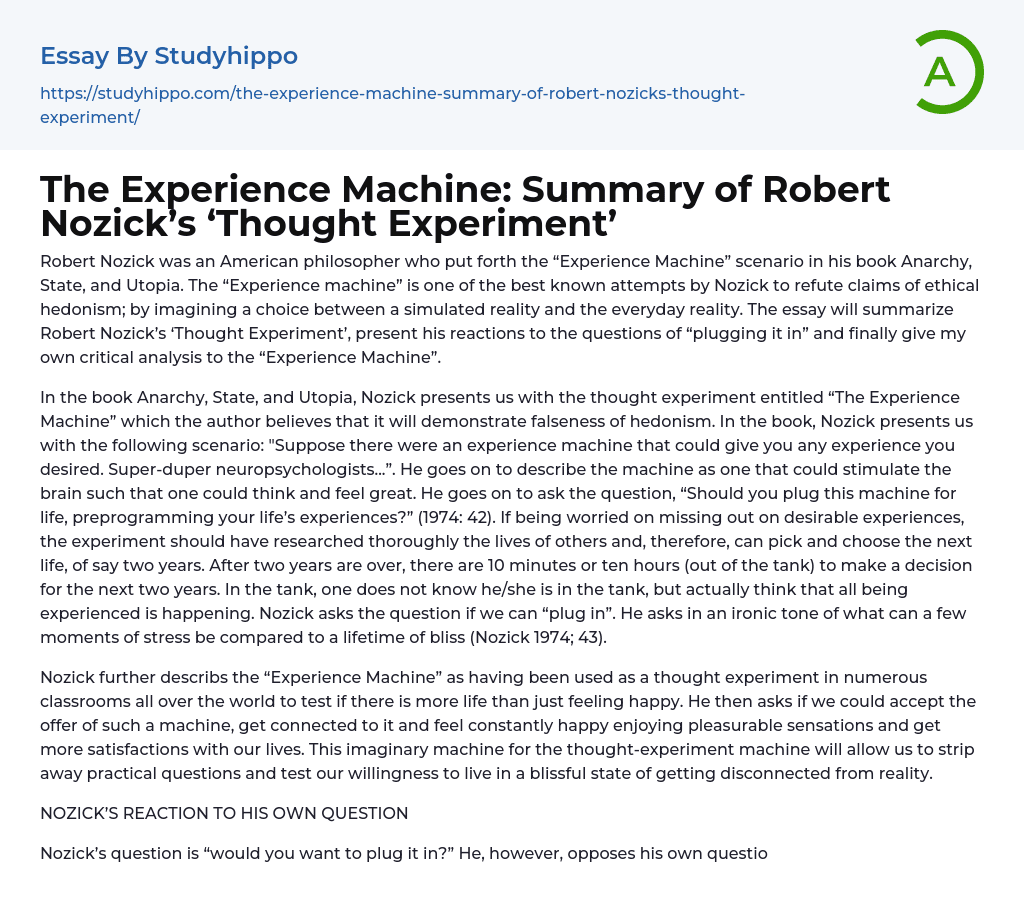 The Experience Machine: Summary of Robert Nozick’s ‘Thought Experiment’ Essay Example