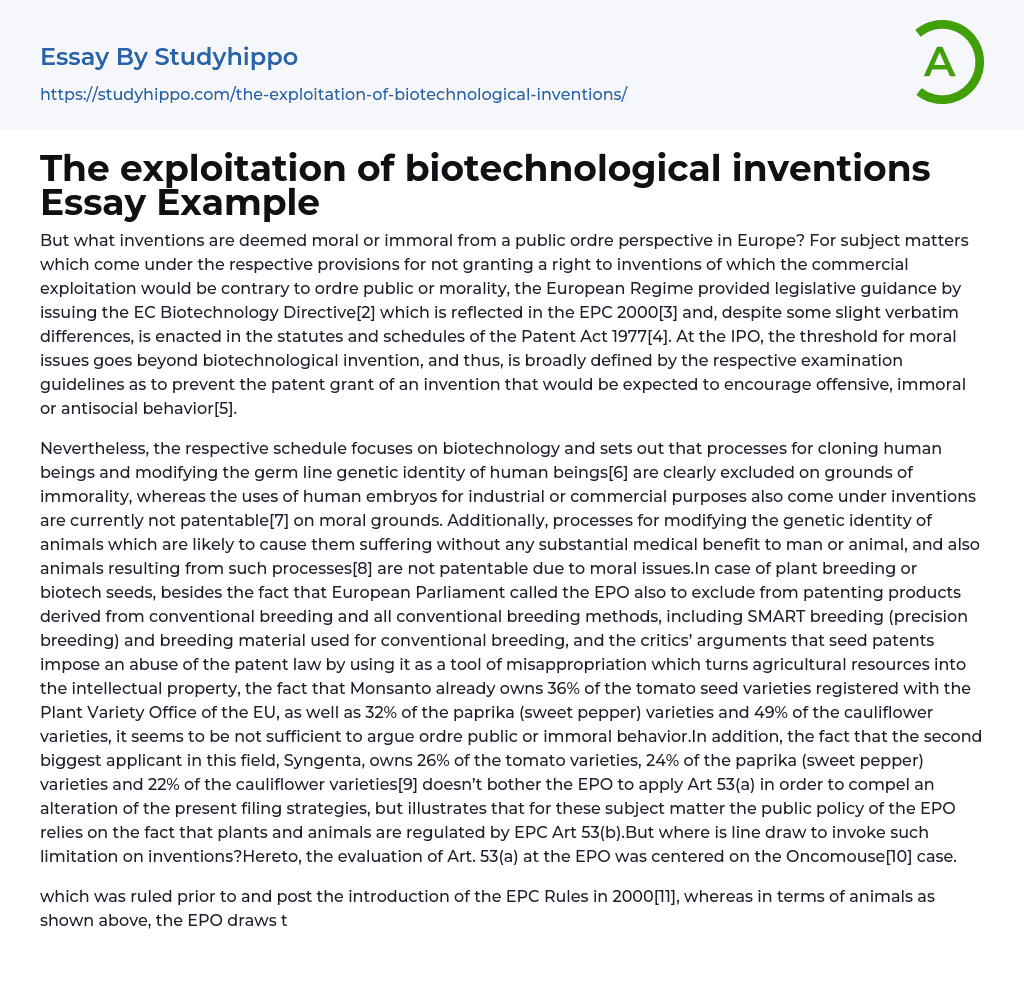 The exploitation of biotechnological inventions Essay Example