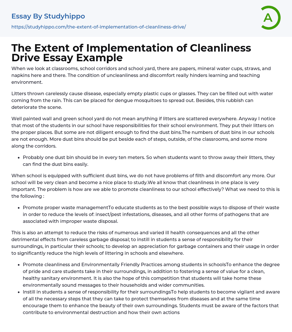The Extent of Implementation of Cleanliness Drive Essay Example