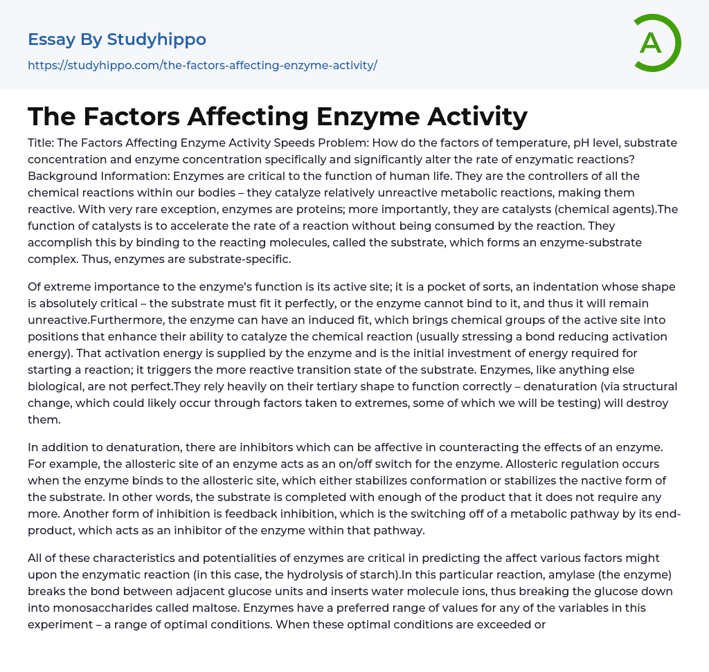 The Factors Affecting Enzyme Activity Essay Example